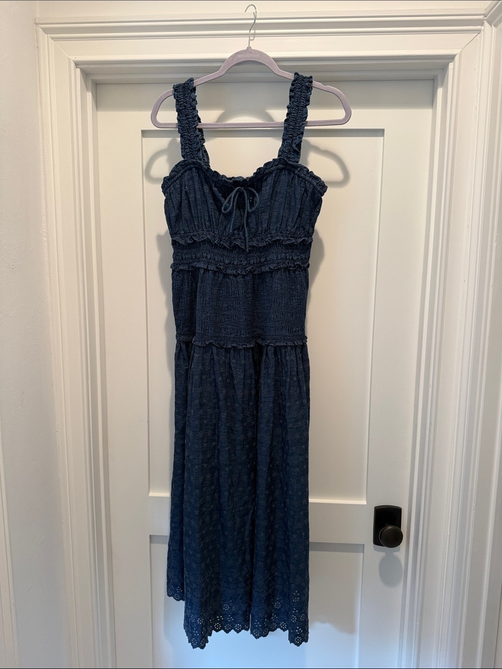 Smocked Navy Midi Dress with Ruffle Straps by